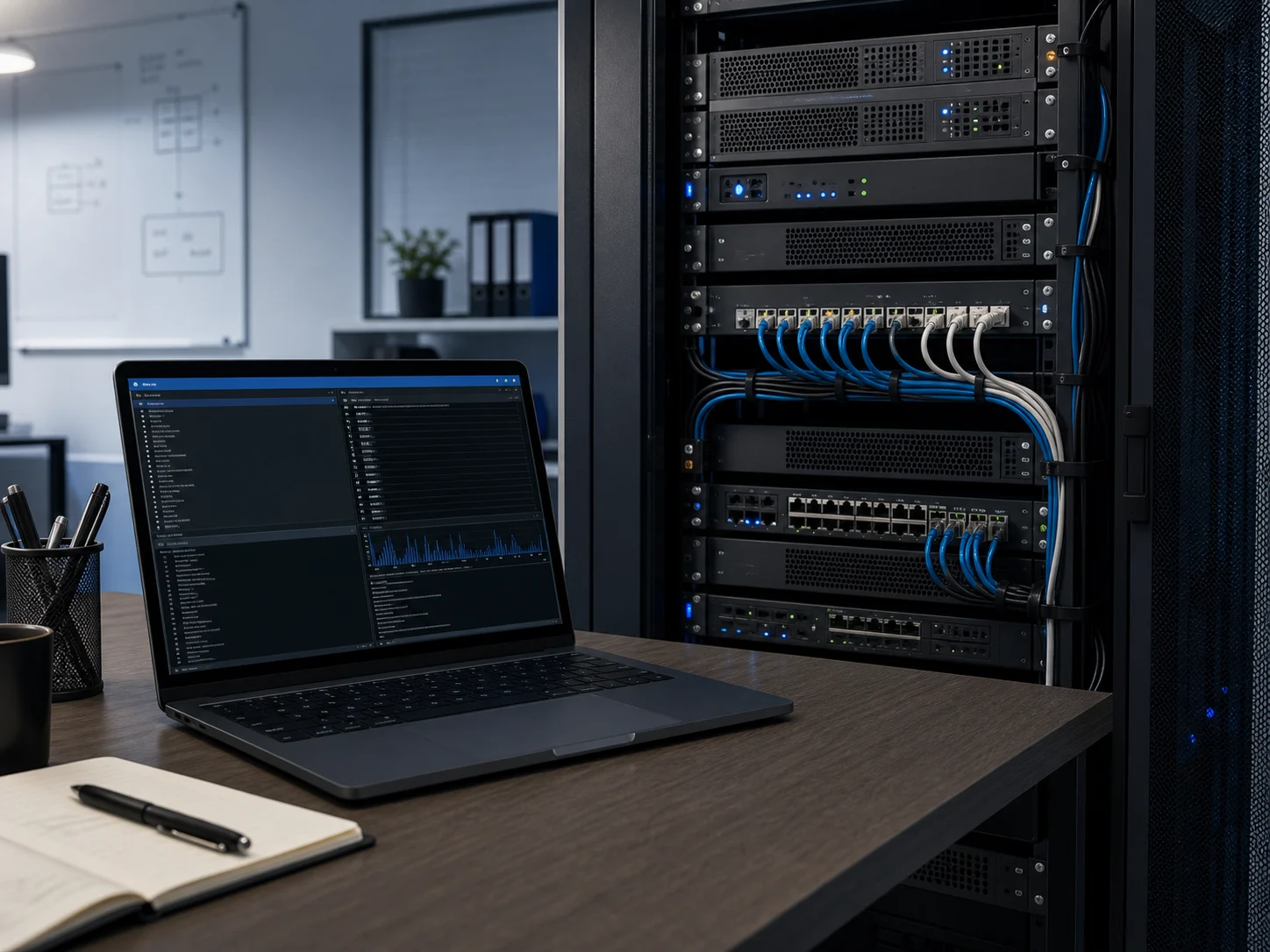 Poste administrateur Linux avec terminal et baie serveur