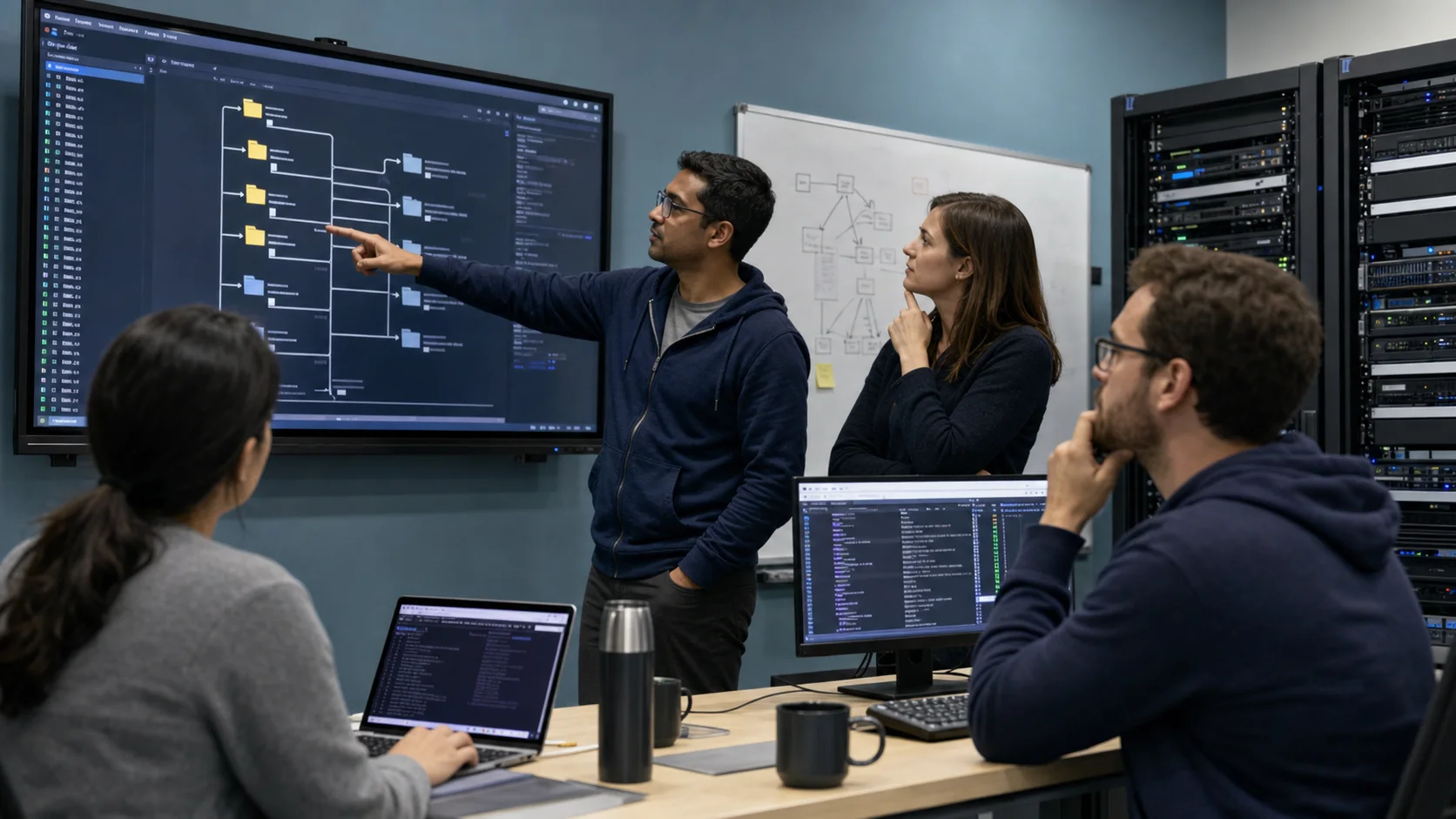 Equipe IT validant un plan de renommage de fichiers Linux