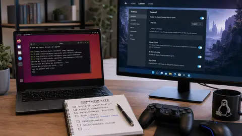 Poste de travail comparant Linux et Windows pour une compatibilité jeu