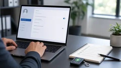 Poste Windows avec écran de paramètres de comptes et checklist de sécurité
