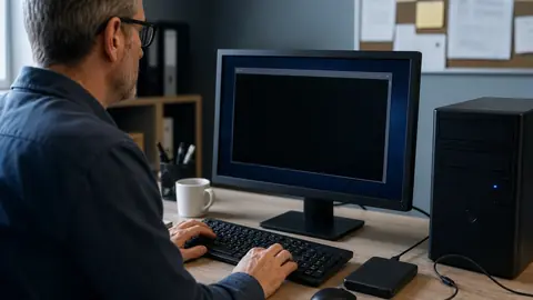 Technicien lançant un diagnostic disque sur un ancien PC Windows