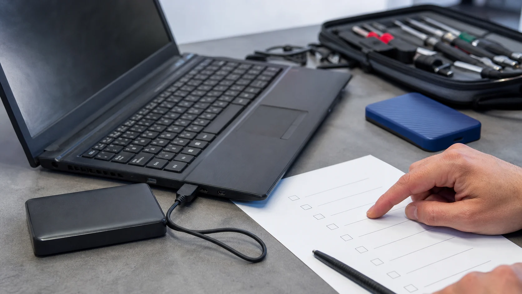 Ordinateur portable ancien, disque externe et checklist de sauvegarde avant vérification CHKDSK