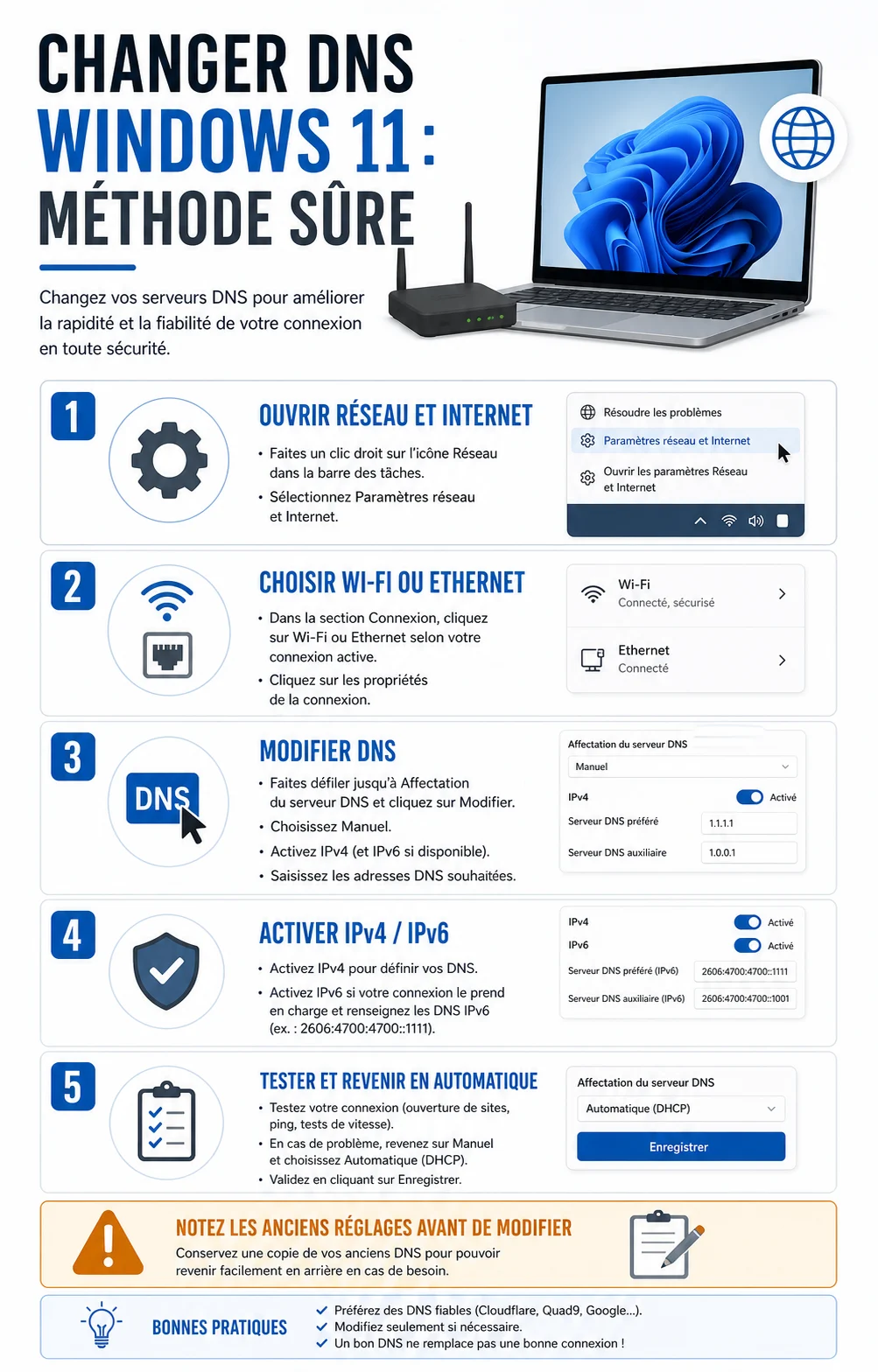 Infographie de la méthode sûre pour changer les DNS sur Windows 11