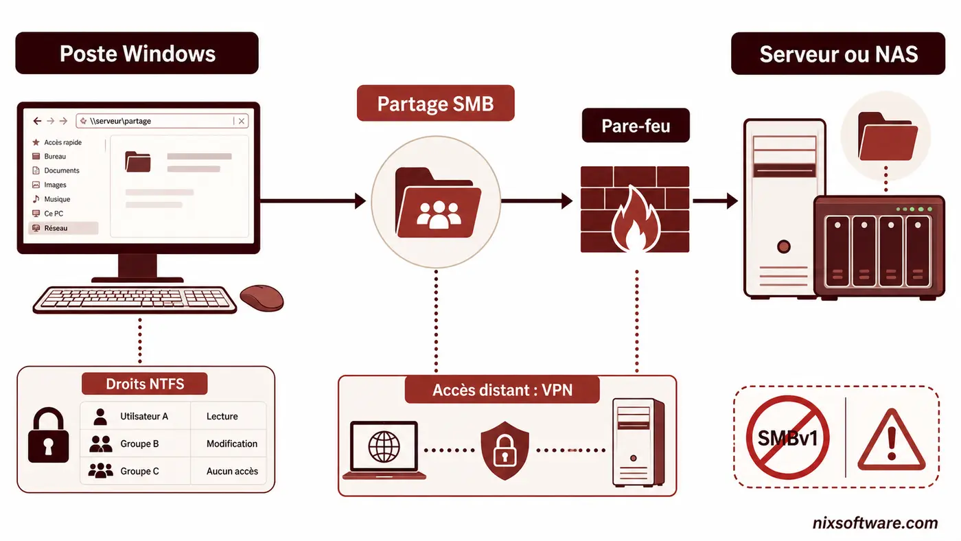 Schéma d’un partage Windows SMB avec droits NTFS, pare-feu et accès VPN