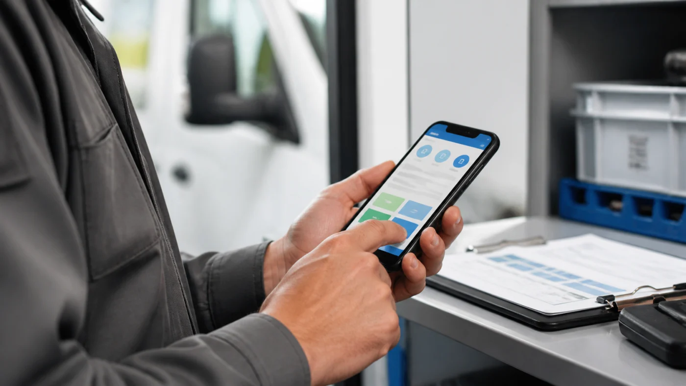 Collaborateur terrain utilisant une application mobile professionnelle sur smartphone