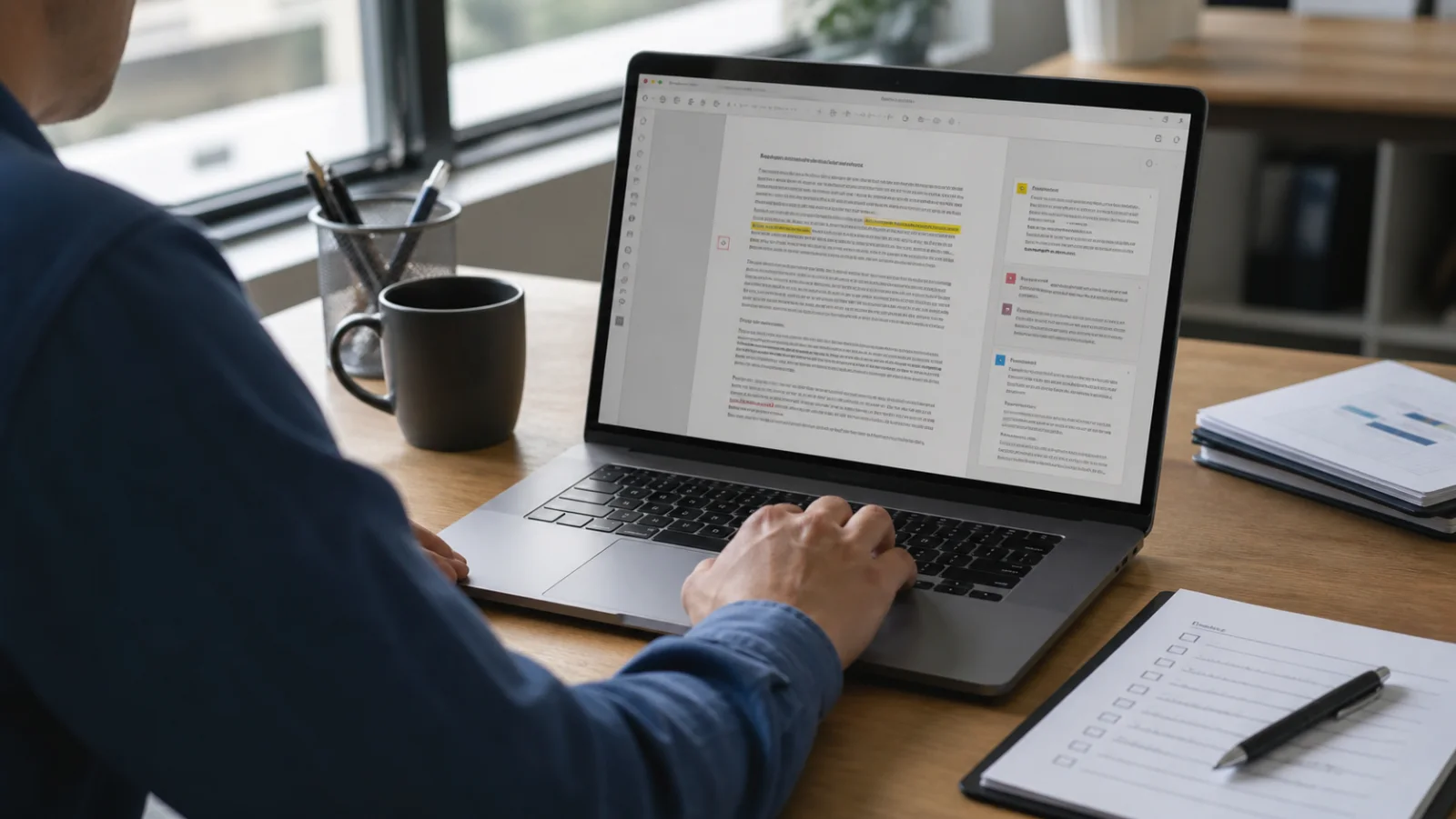 Utilisateur relisant un PDF annoté sur un ordinateur portable