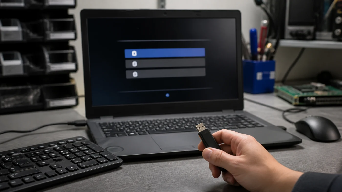 Technicien choisissant un démarrage USB dans un menu de boot générique