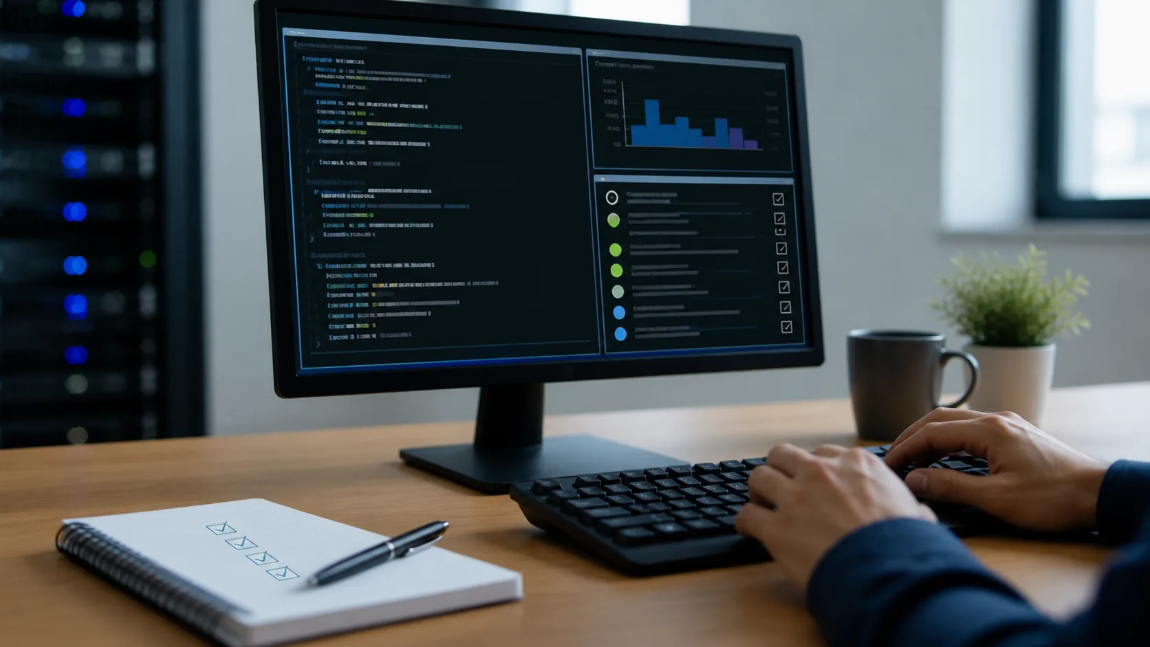 Poste de travail affichant une checklist abstraite de commandes Linux