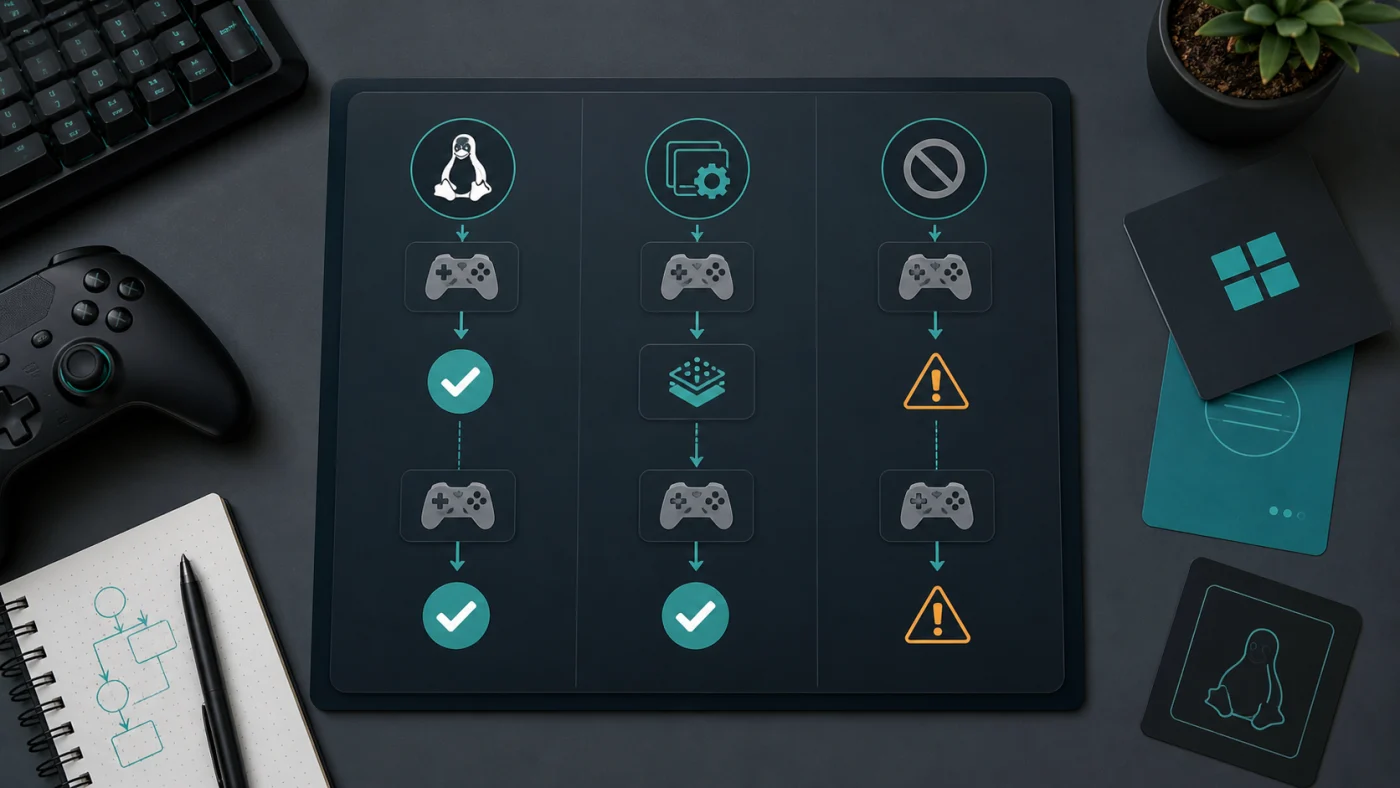Schema visuel de compatibilite jeu Linux Proton et cas limites