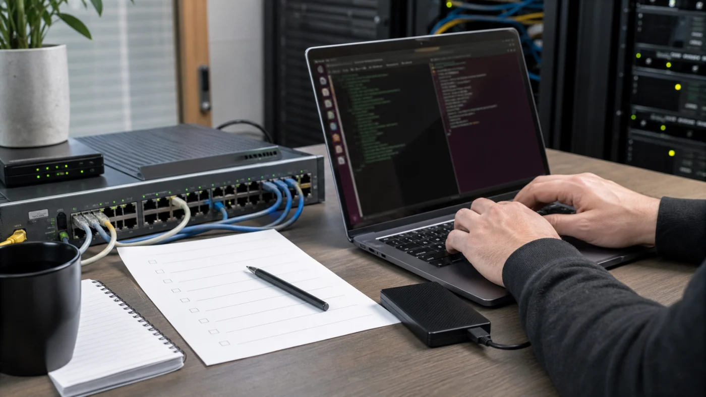 Préparation d’un serveur Ubuntu avec ordinateur portable, switch réseau et checklist de déploiement