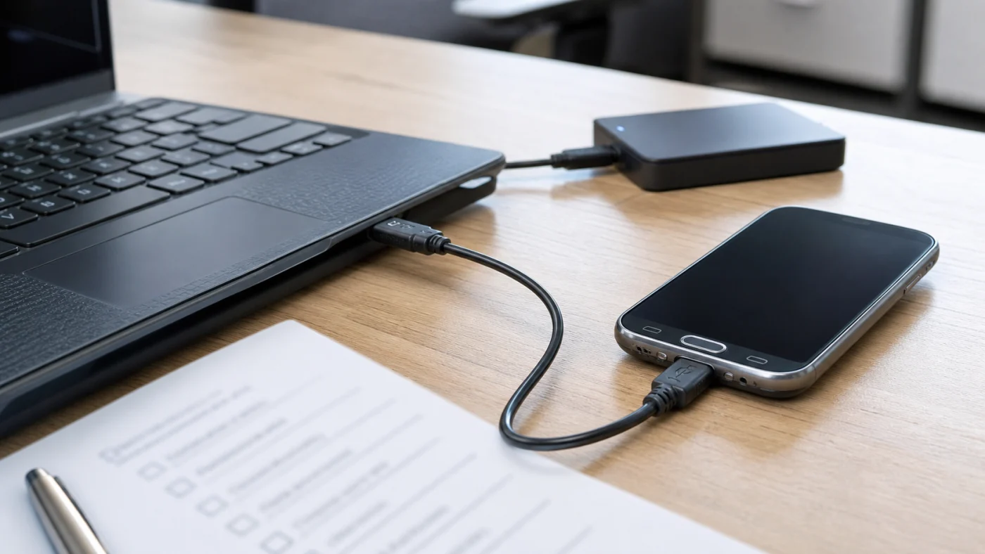 Ancien smartphone connecté à un ordinateur pour sauvegarder les données avant migration