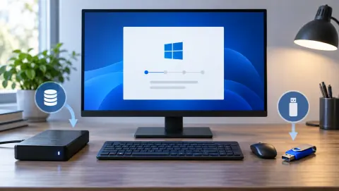 Ordinateur, clé USB d’installation et disque de sauvegarde avant une réinstallation Windows