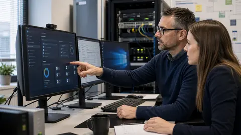 Administrateur informatique suivant une routine de maintenance Windows sur deux écrans