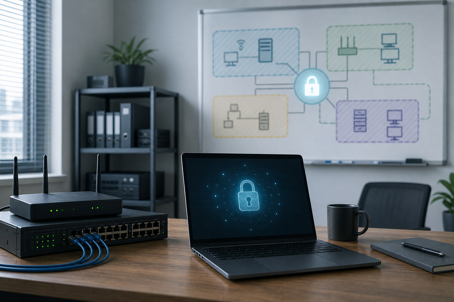 Bureau cybersécurité avec ordinateur, routeur, switch et segmentation réseau abstraite