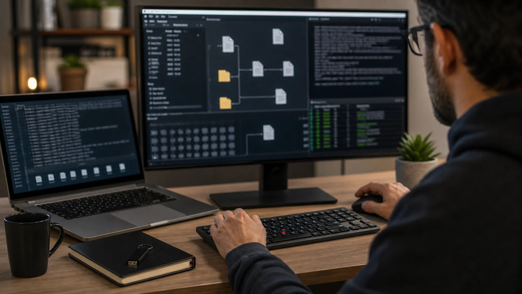 Administrateur système vérifiant un workflow Base64 dans un terminal