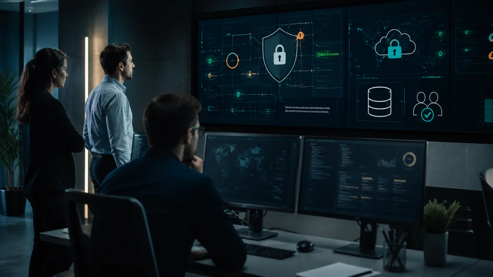 Équipe informatique PME devant un écran de supervision et des symboles de sécurité