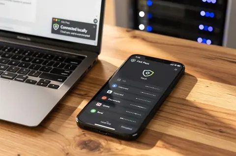 Coffre de mots de passe local sur smartphone avec ordinateur en arrière-plan