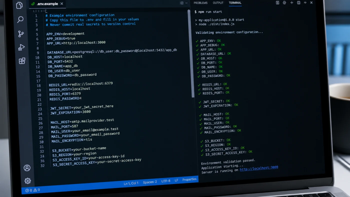 Fichier .env.example avec validation de configuration au démarrage