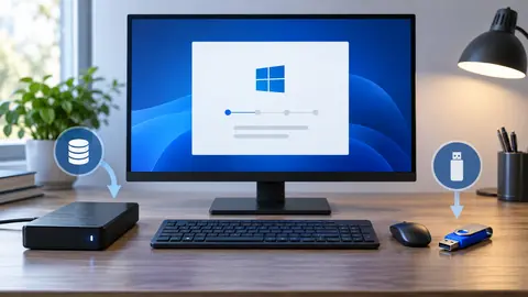 Ordinateur, clé USB d’installation et disque de sauvegarde avant une réinstallation Windows