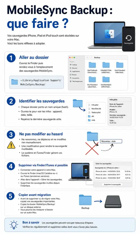 Infographie MobileSync Backup avec chemin exact et bonnes pratiques