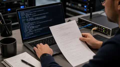Administrateur lisant une commande Linux avant exécution