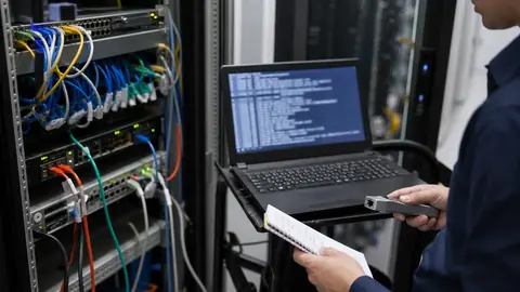 Diagnostic réseau Linux dans une petite salle serveur avec baie de brassage