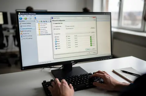 La mise en place d’un serveur FTP sécurisé avec FileZilla Server débute par une installation soignée et une configuration initiale adaptée à votre environnement. Ce guide complet explique comment paramétrer FileZilla Server sur Windows, définir les droits d’accès, activer le chiffrement SSL/TLS et garantir la protection des fichiers échangés afin d’assurer un transfert sécurisé entre utilisateurs locaux et distants.