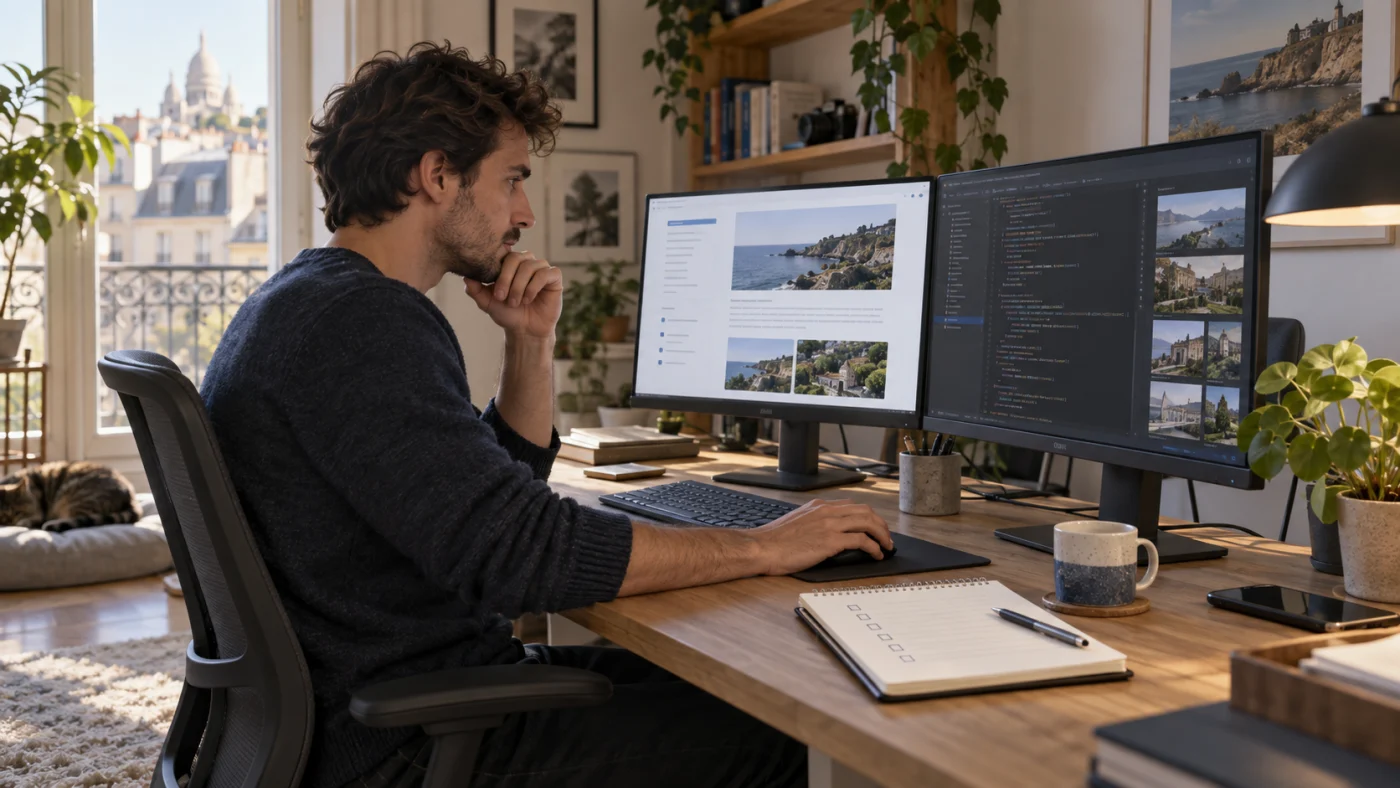 Freelance informatique examinant une mission et ses livrables à son poste de travail
