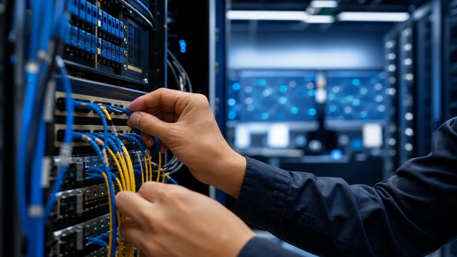 Technicien connectant des fibres optiques dans une baie réseau