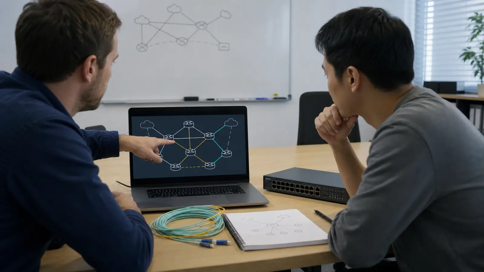 Équipe informatique analysant une topologie réseau et des chemins de routage