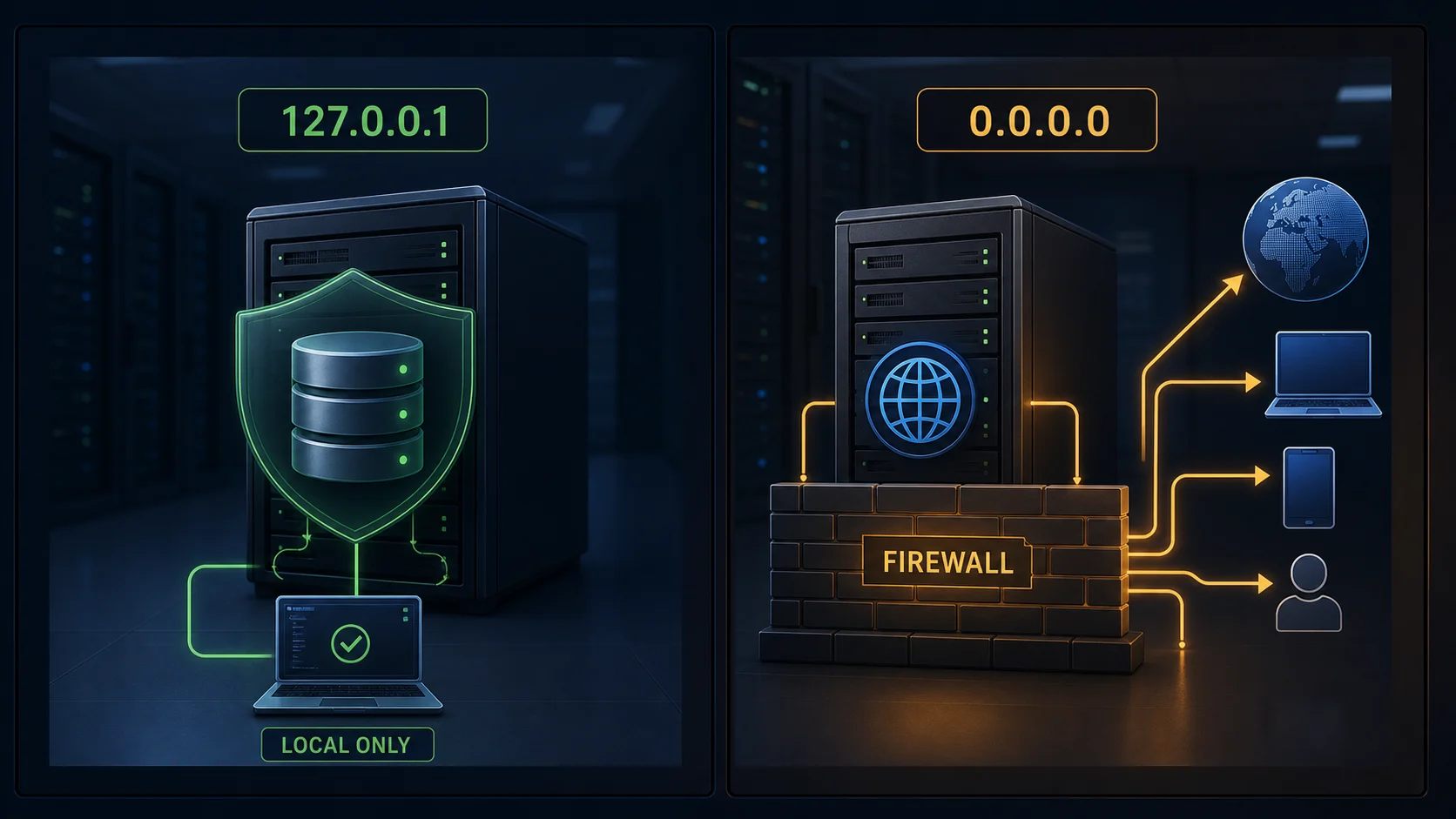 Comparaison visuelle entre service local et service exposé derrière firewall