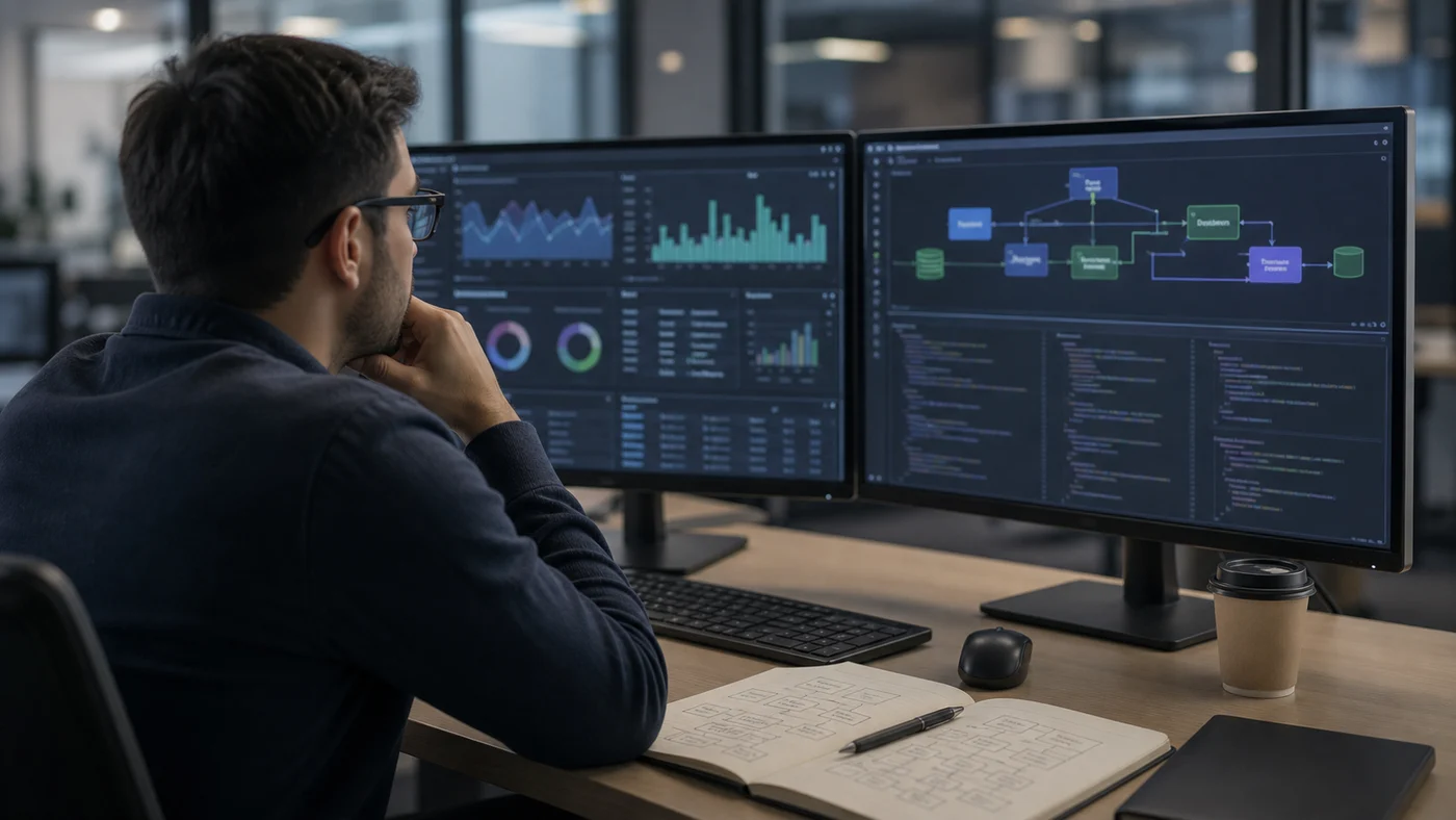 Ingénieur informatique comparant des métriques et une architecture logicielle