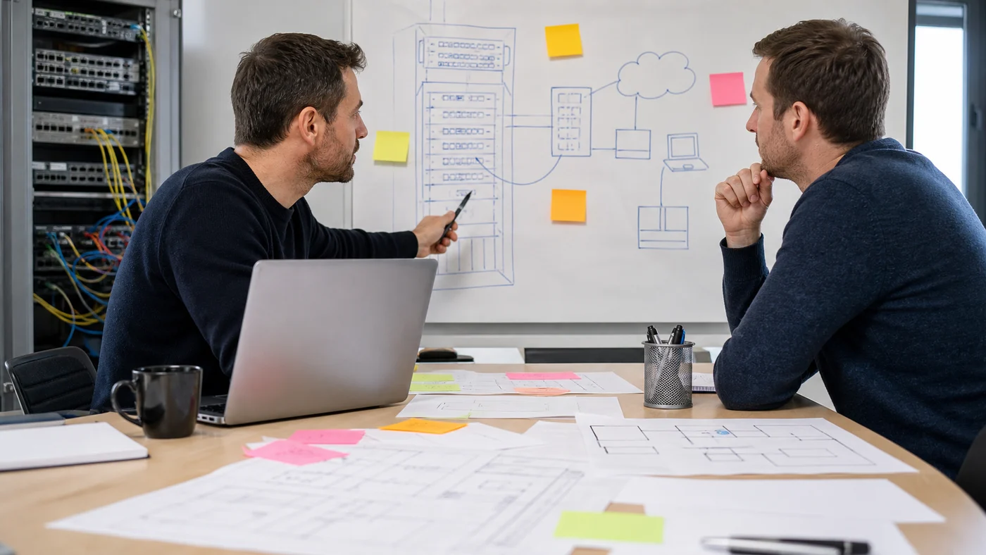 Equipe informatique préparant une documentation d'infrastructure