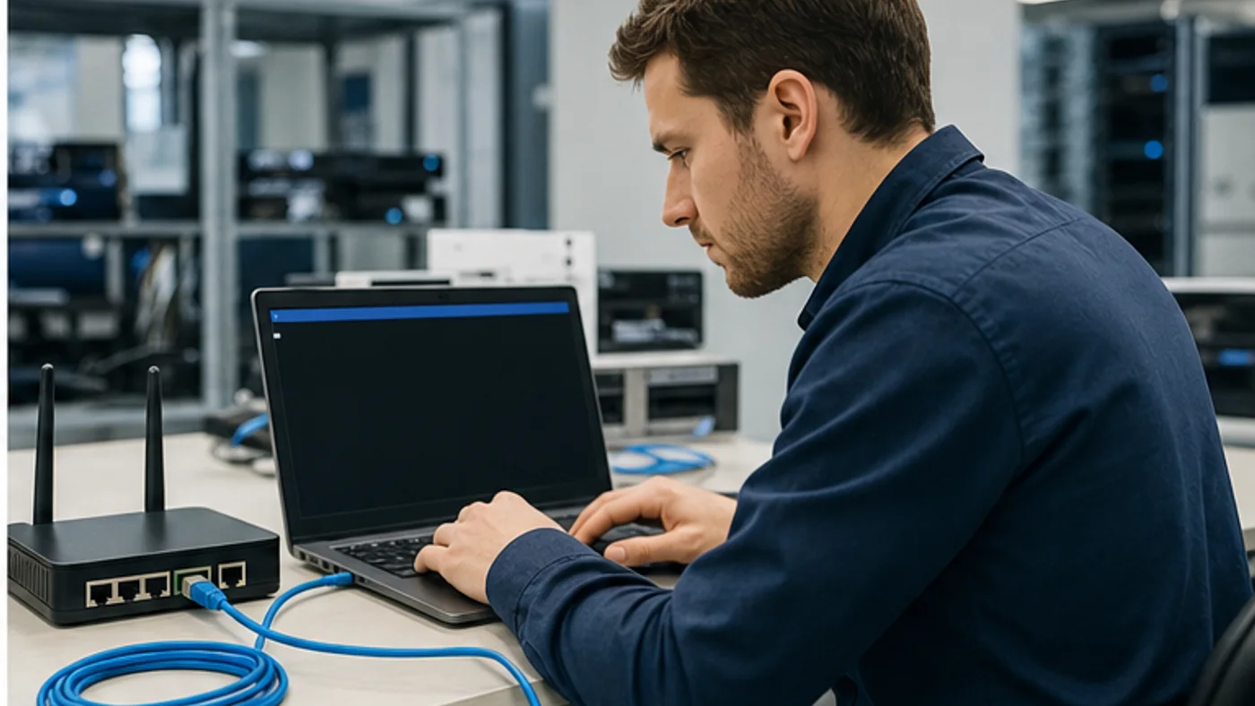 technicien informatique diagnostiquant un problème DNS réseau