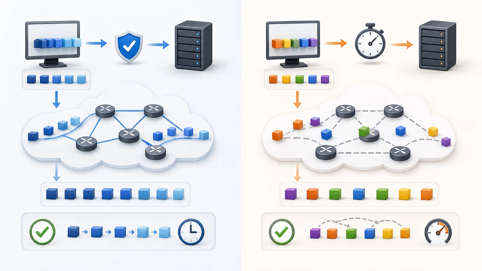 Comparaison visuelle entre flux fiable et datagrammes rapides