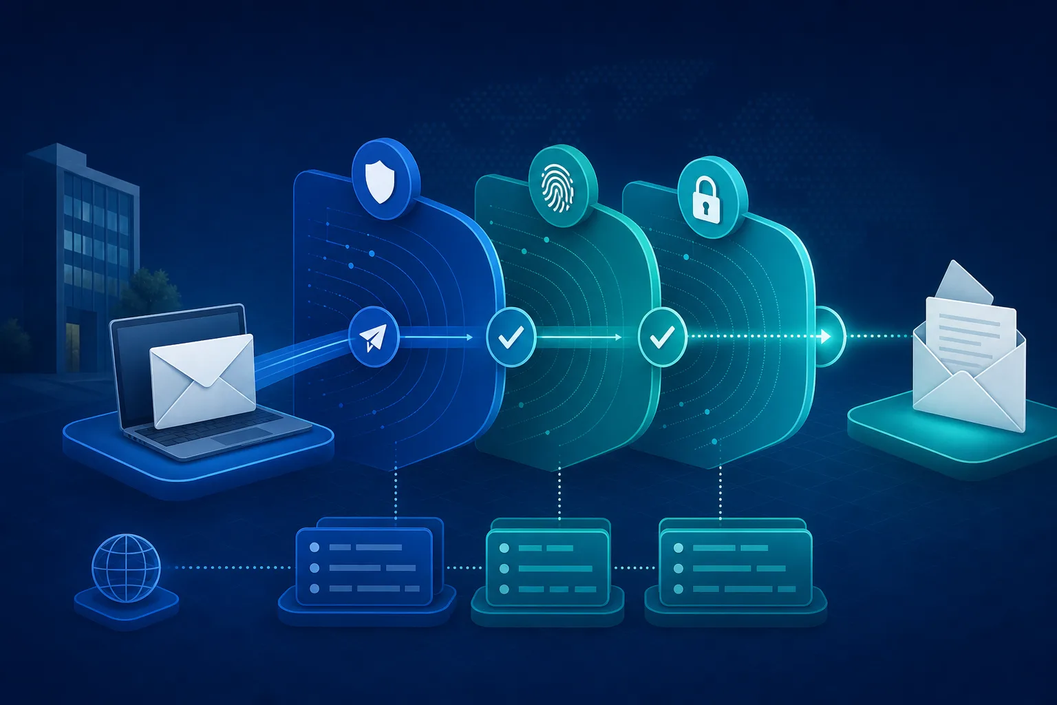 Schéma visuel des couches SPF DKIM et DMARC dans la vérification email