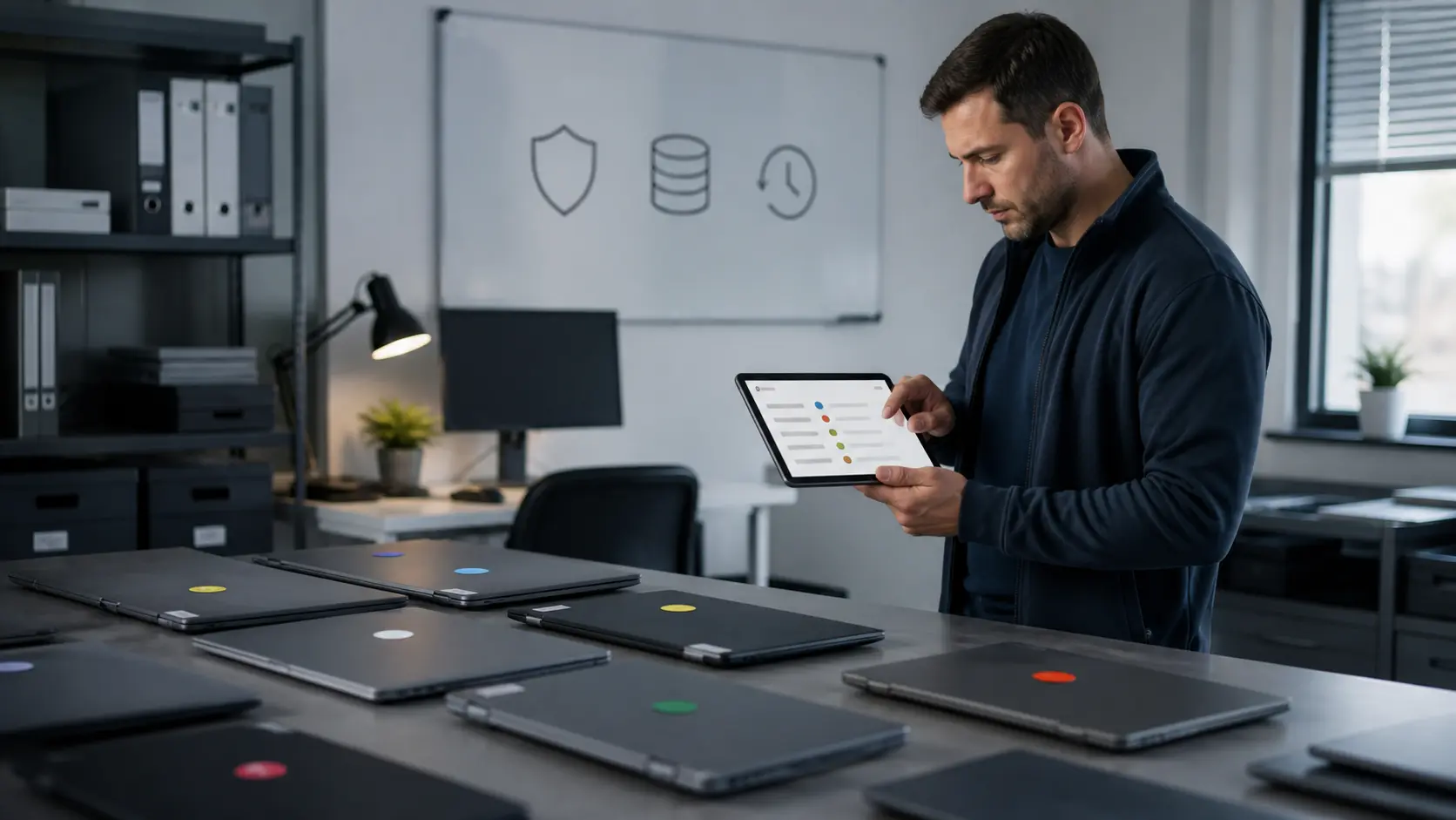 Technicien support contrôlant plusieurs ordinateurs portables avec une tablette de suivi