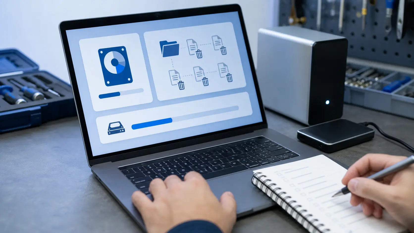 Ordinateur portable affichant une interface abstraite de nettoyage du stockage avec disque externe