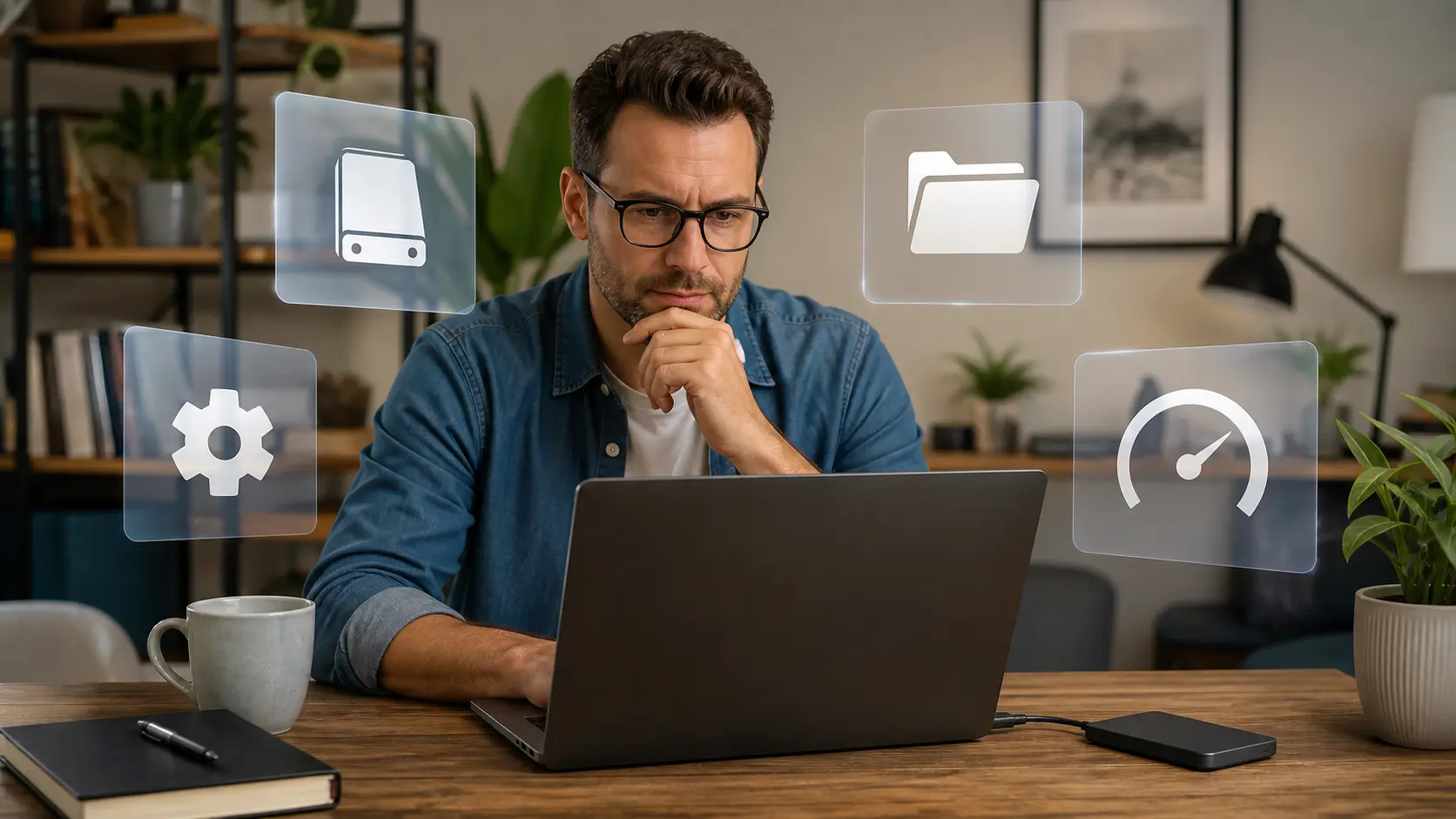Utilisateur examinant des icônes abstraites de stockage et de performance sur un ordinateur portable
