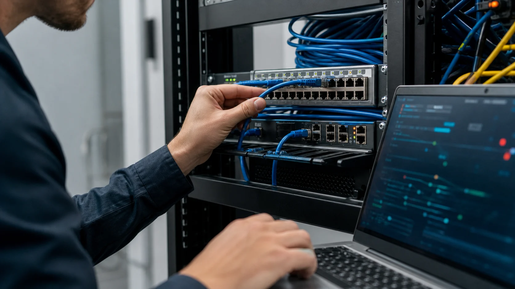 Administrateur réseau vérifiant une connexion Ethernet sur un switch local