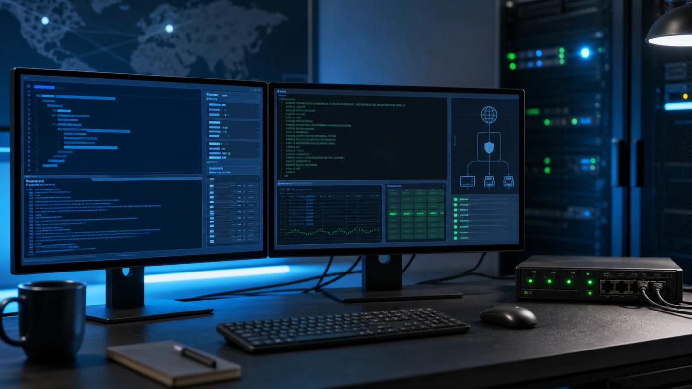 Poste de supervision réseau avec terminaux et outils modernes de test de ports