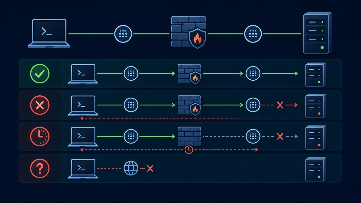 Schéma de diagnostic TCP entre client pare-feu et serveur