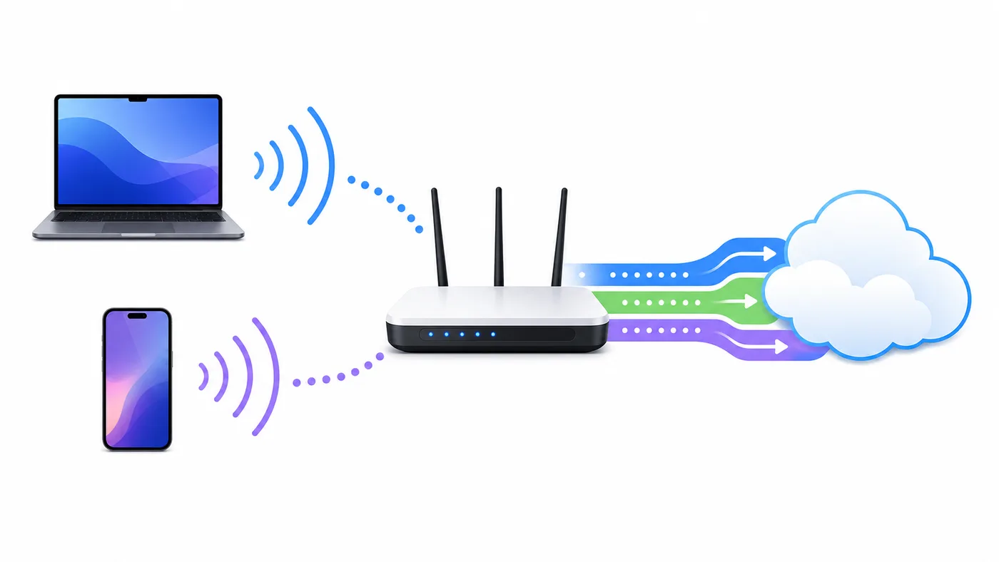 Schéma simple montrant un ordinateur et un smartphone reliés en Wi-Fi à un routeur puis à Internet