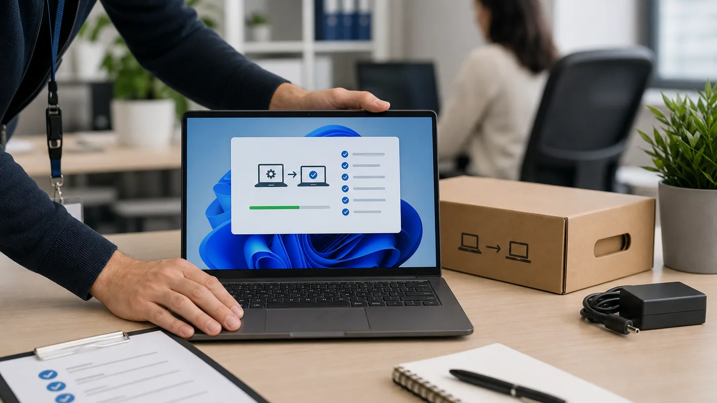 Technicien préparant un nouveau poste Windows en entreprise