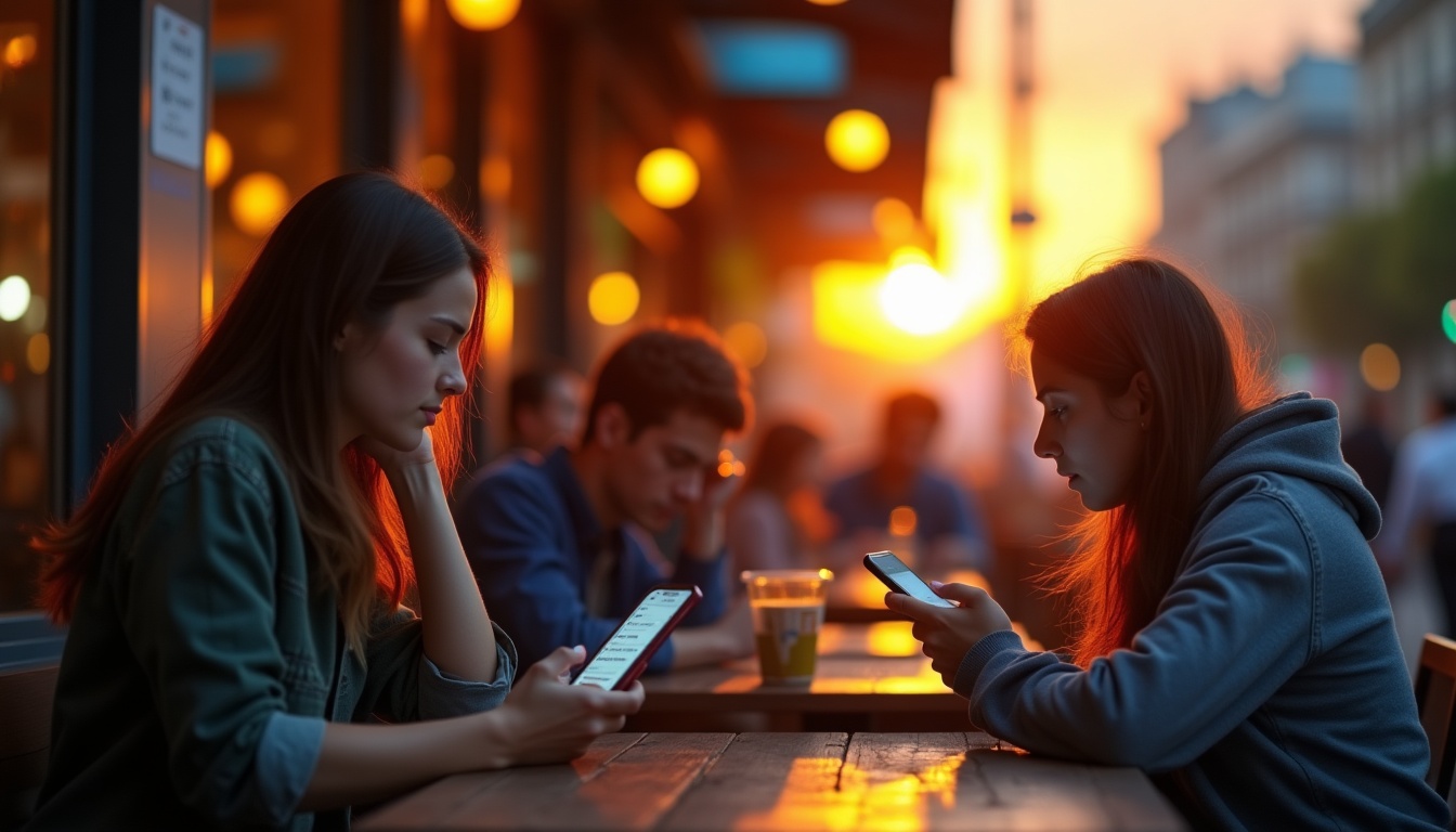 Deux femmes utilisant des smartphones en terrasse au coucher.