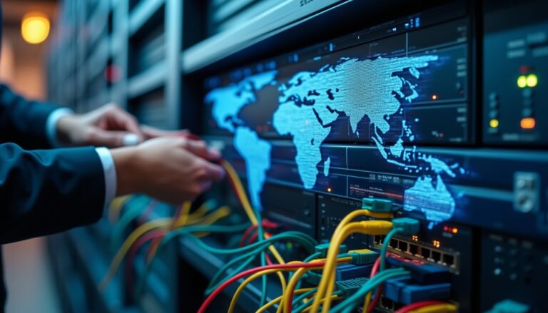 Technicien réseau connectant des câbles à un serveur.