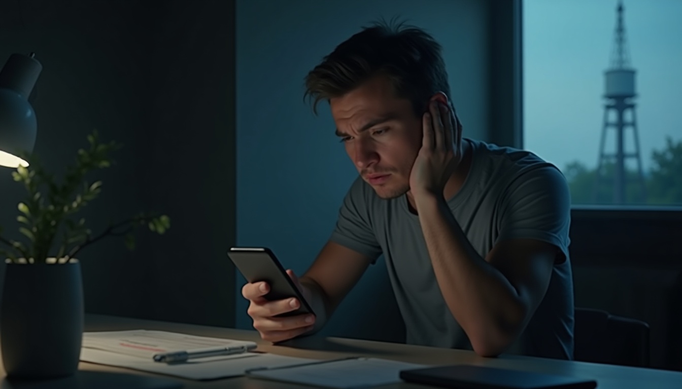 Homme concentré utilisant un smartphone la nuit.