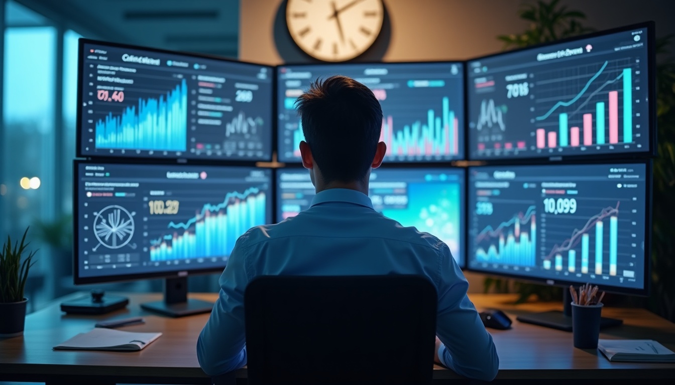 Homme analysant des graphiques financiers sur écrans multiples.