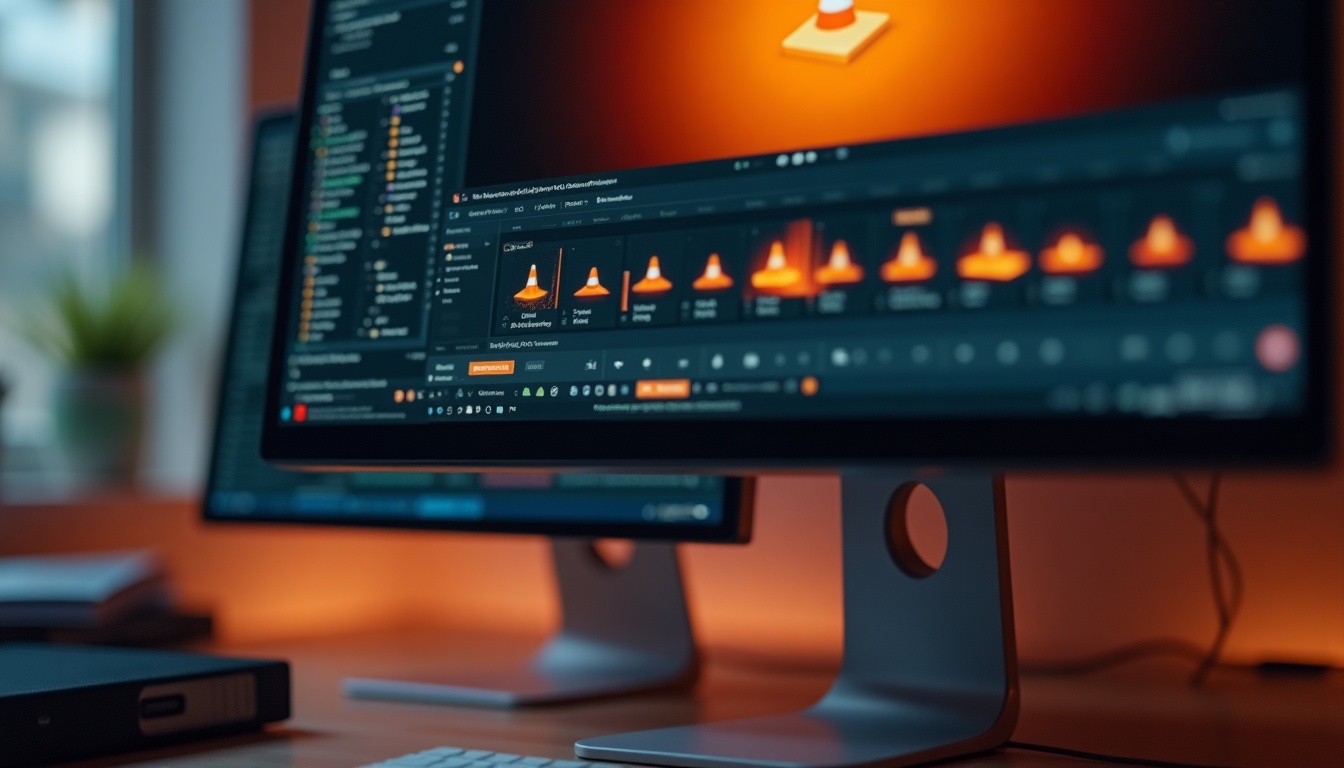 Deux écrans d'ordinateur avec logiciel de montage vidéo.