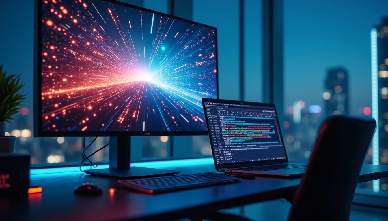 Bureau avec écran d'ordinateur et code lumineux.
